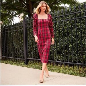 NWT Antonio Melani Elena Plaid Square Neck Long Ruched Sleeve Dress